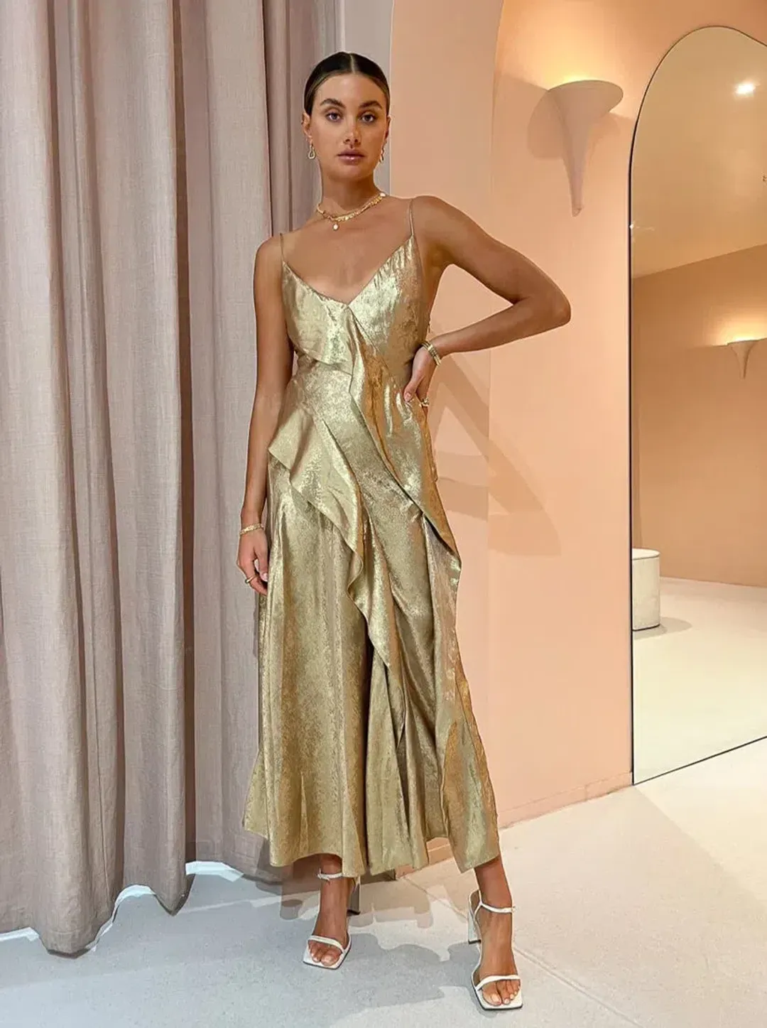 Acler Queensbridge Midi Dress Gold Size 10 for rent on The Volte - main image