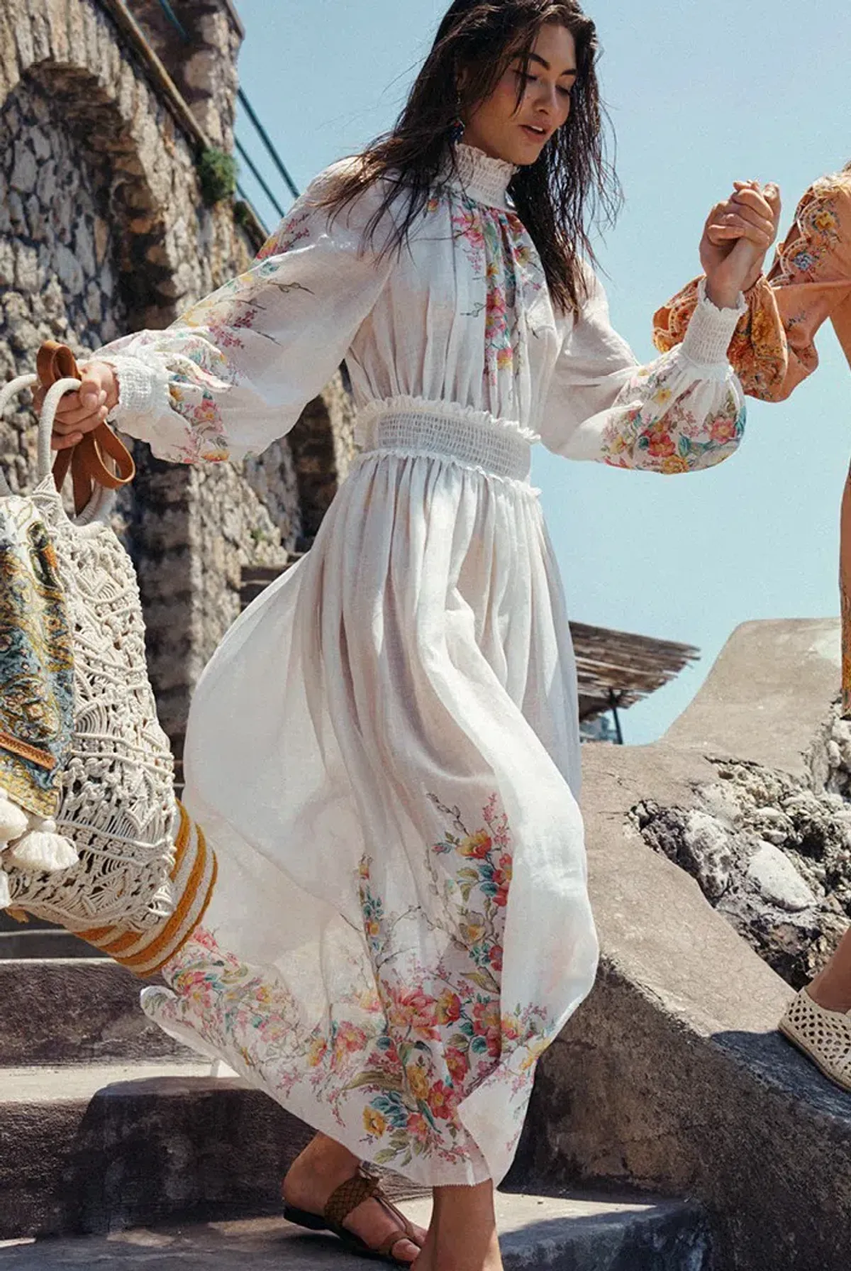 Zimmermann Zinnia Shirred Waist Maxi Dress White Floral Size 0 / AU 8 for rent on The Volte - main image