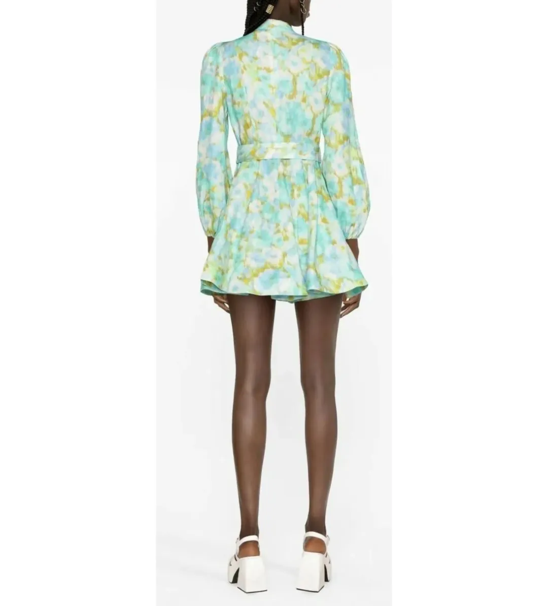 Zimmermann High Tide Buttoned Mini Dress Aqua Ikat Floral Size 0 AU 8 for rent on The Volte - main image