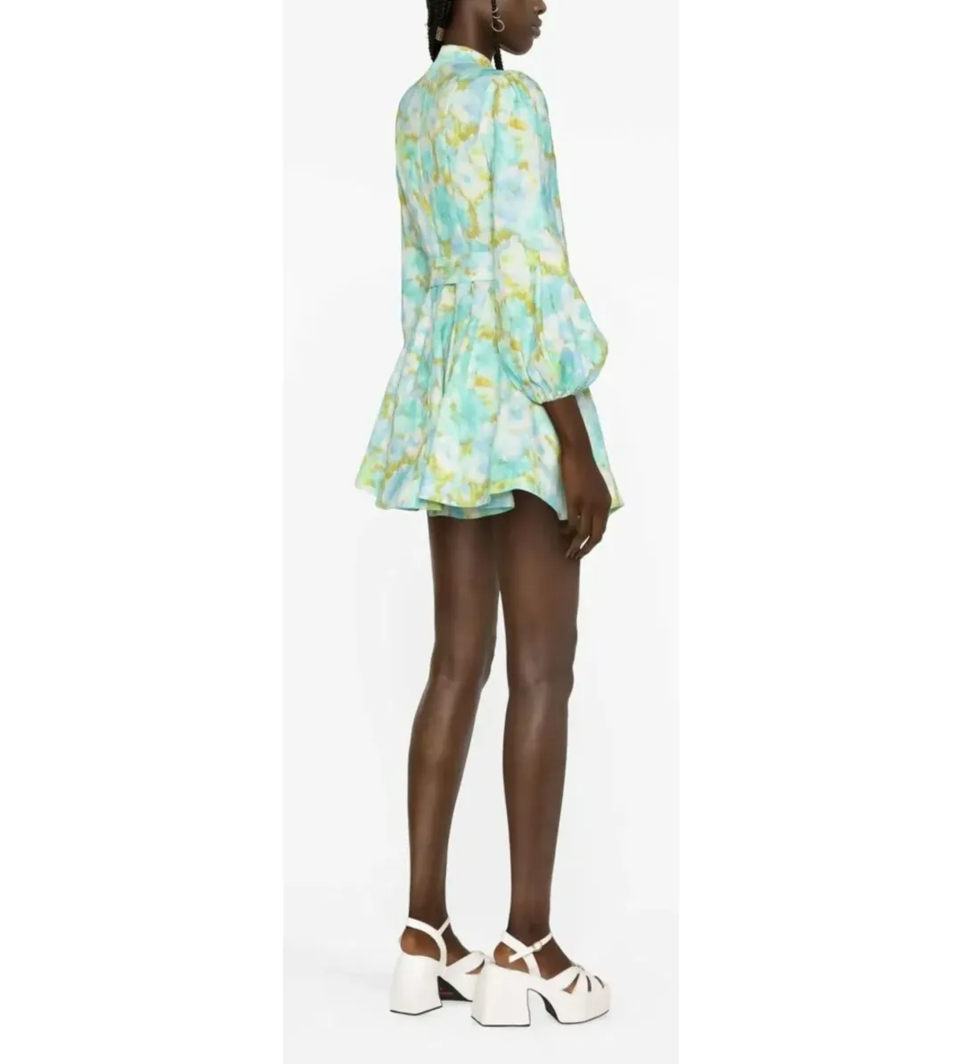 Zimmermann High Tide Buttoned Mini Dress Aqua Ikat Floral Size 0 AU 8 for rent on The Volte - main image