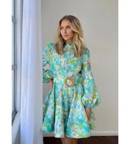 Zimmermann High Tide Buttoned Mini Dress Aqua Ikat Floral Size 0 AU 8 for rent on The Volte - image 5