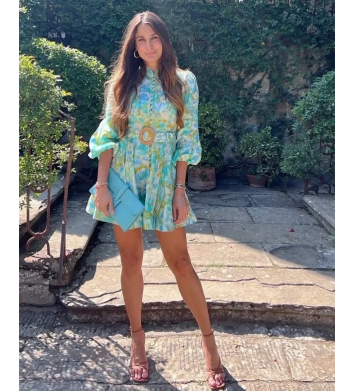 Zimmermann High Tide Buttoned Mini Dress Aqua Ikat Floral Size 0 AU 8 for rent on The Volte - main image