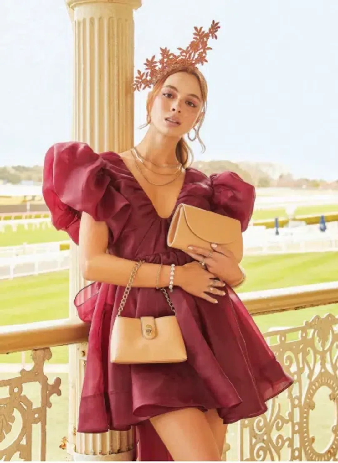 AJE Gretta Bow Back Short Mini Dress Burgundy Size AU 8 for rent on The Volte - main image