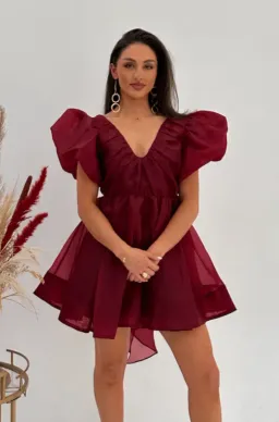 AJE Gretta Bow Back Short Mini Dress Burgundy Size AU 8 for rent on The Volte - image 1