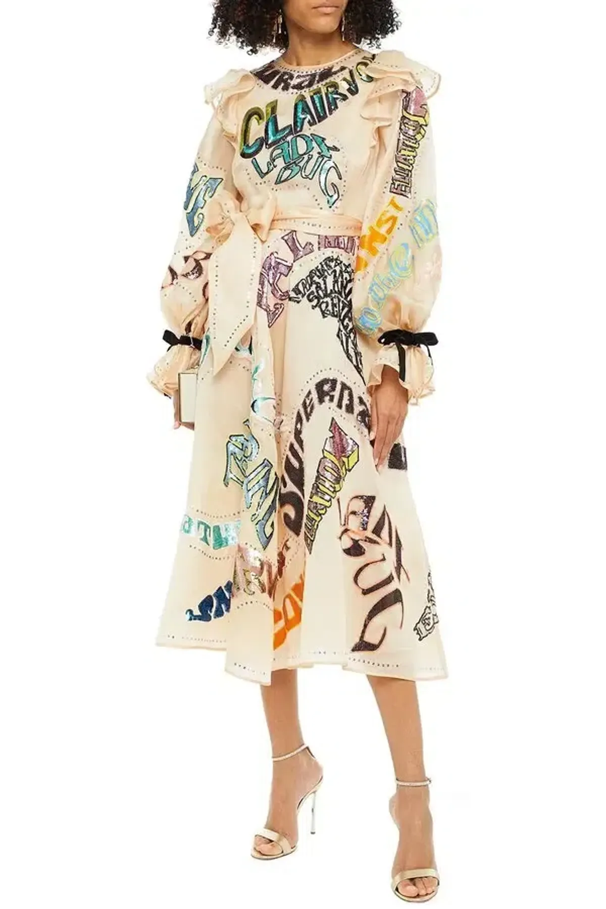 Zimmermann Ladybeetle Embelished Ruffled Silk-Satin Midi Dress Cream Print Size 0 / AU 6 for rent on The Volte - main image