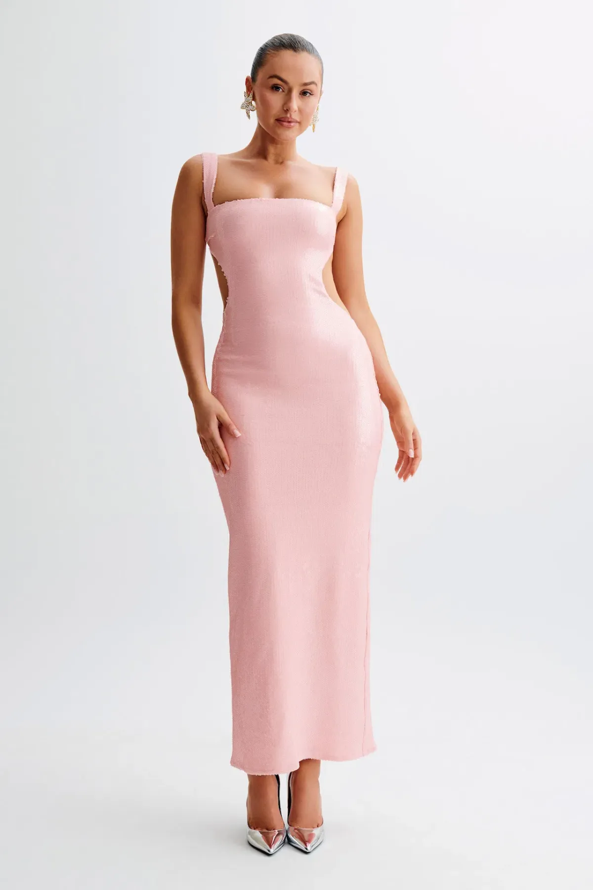 Meshki Adoria Sequin Cut Out Maxi Dress in Pale Pink Size M / AU 10 for rent on The Volte - main image