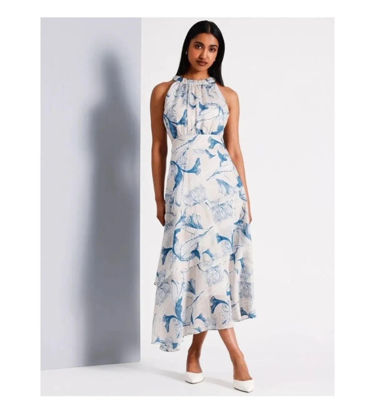 Basque Gathered Neck Asymmetric Midi Dress Abstract Floral Size AU 16 for rent on The Volte - main image