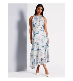 Basque Gathered Neck Asymmetric Midi Dress Abstract Floral Size AU 16 for rent on The Volte - image 1
