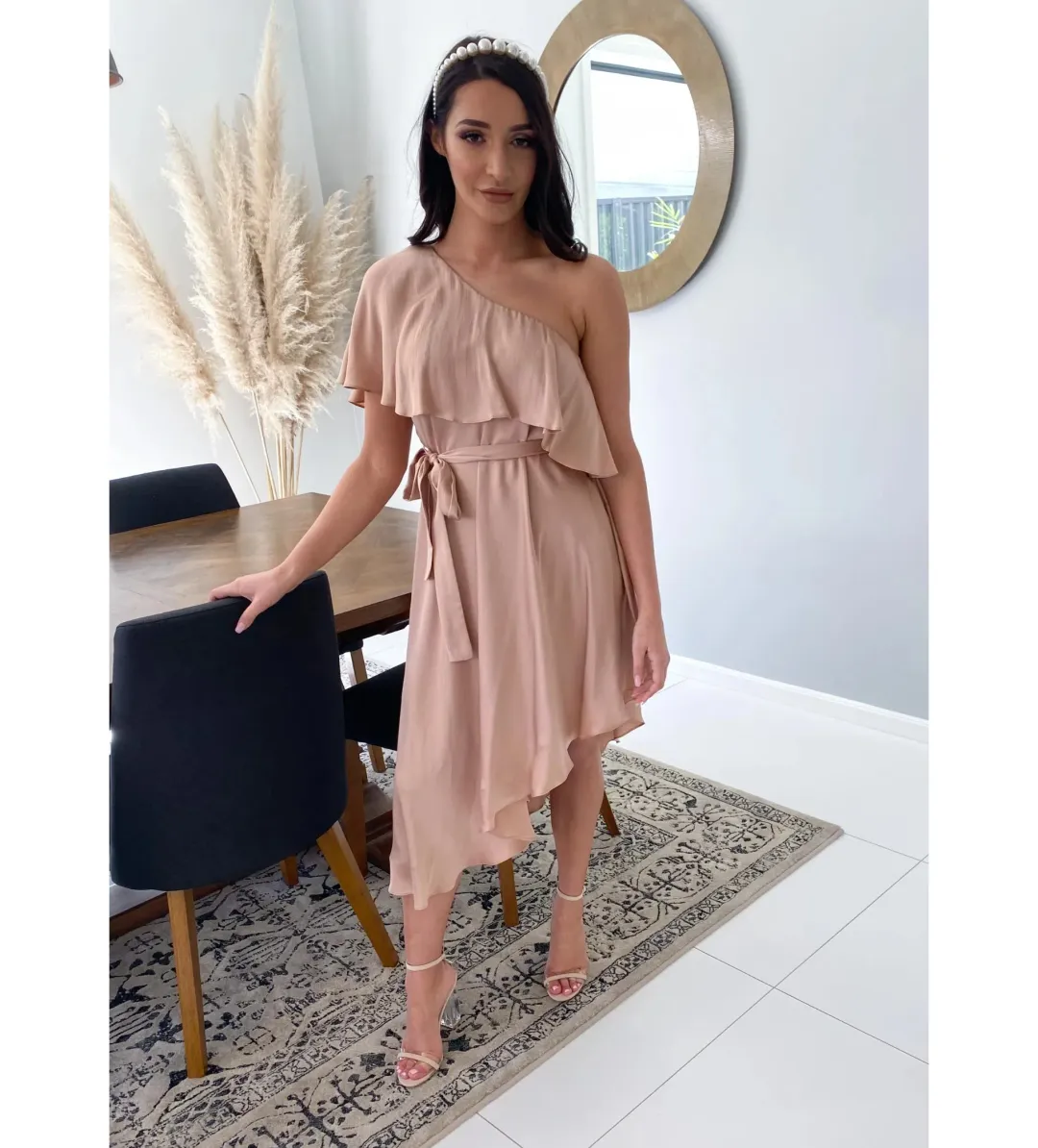 Zimmermann Sueded One Shoulder Midi Dress Beige Size 2 AU 12 for rent on The Volte - main image