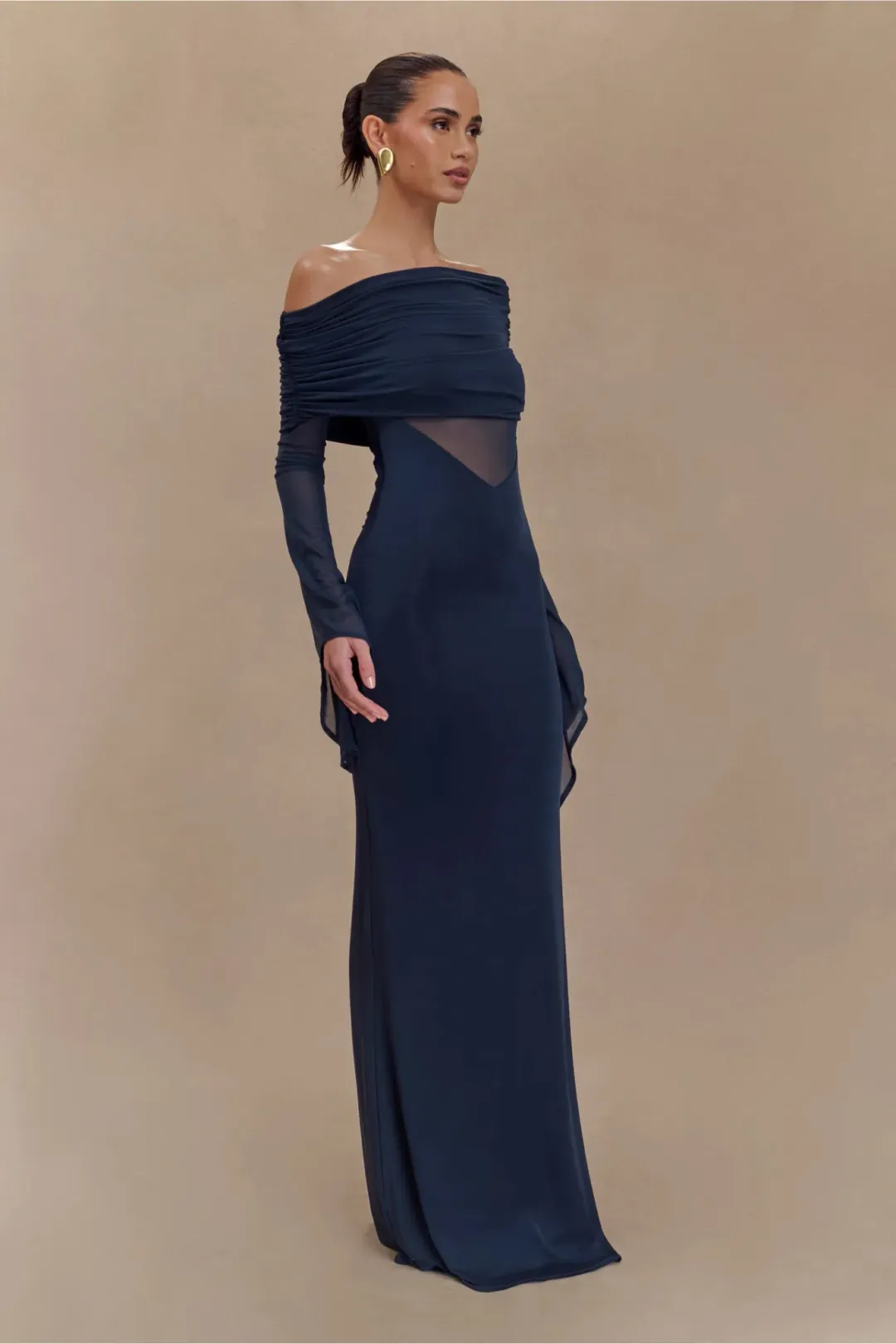 MESHKI Kaitlin One Shoulder Slinky And Mesh Maxi Dress Midnight Blue Size S / Size AU 8 for rent on The Volte - main image