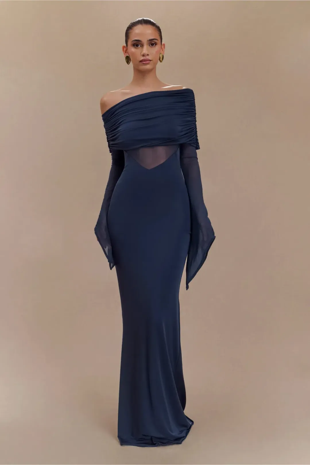 MESHKI Kaitlin One Shoulder Slinky And Mesh Maxi Dress Midnight Blue Size S / Size AU 8 for rent on The Volte - main image