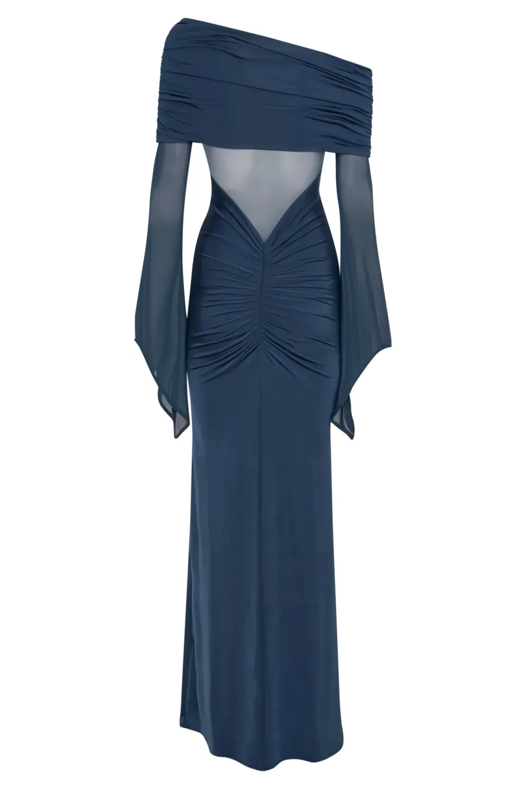 MESHKI Kaitlin One Shoulder Slinky And Mesh Maxi Dress Midnight Blue Size S / Size AU 8 for rent on The Volte - main image