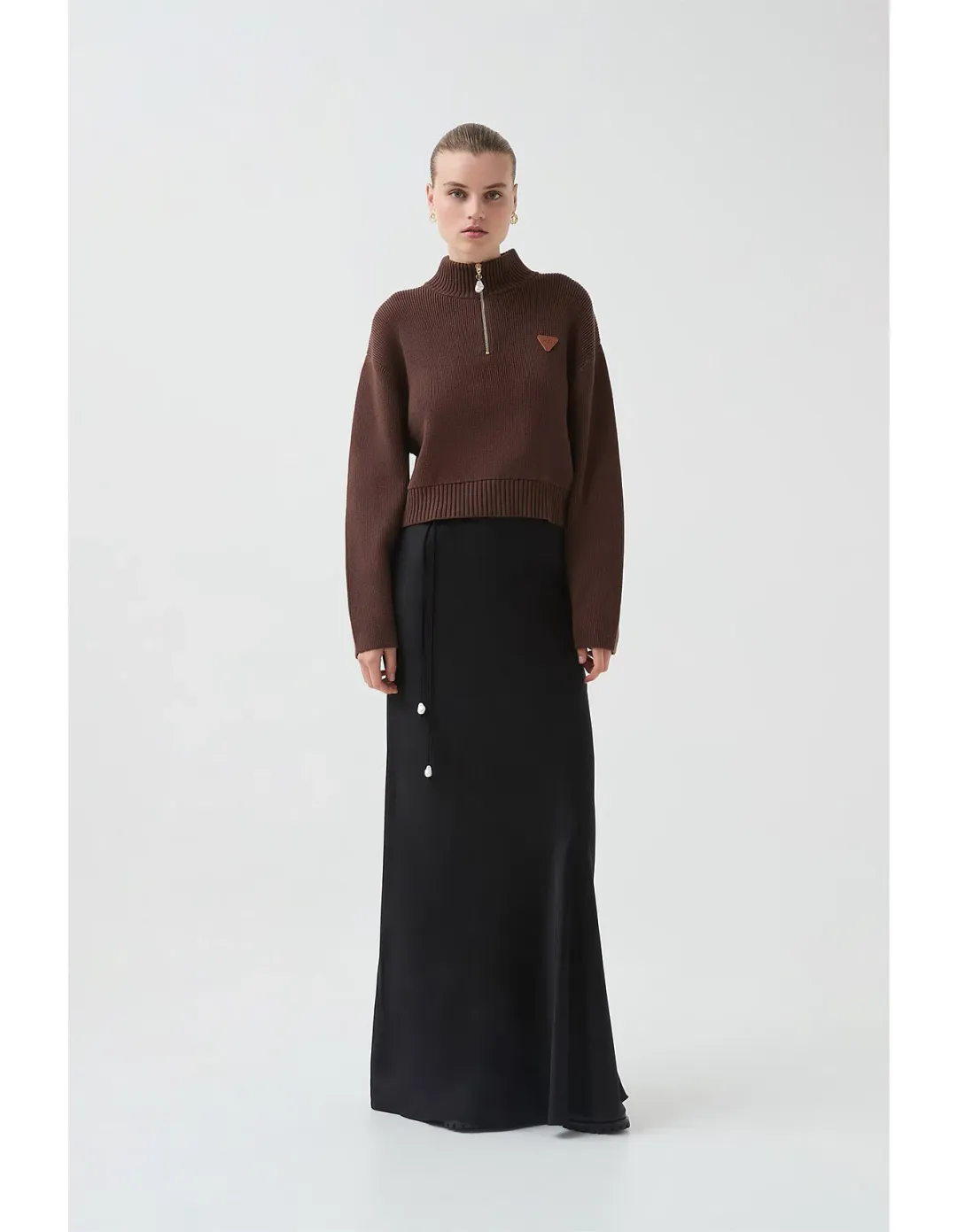 Aje Naia Quarter Zip Knit in Chocolate Brown Size  for rent on The Volte - main image