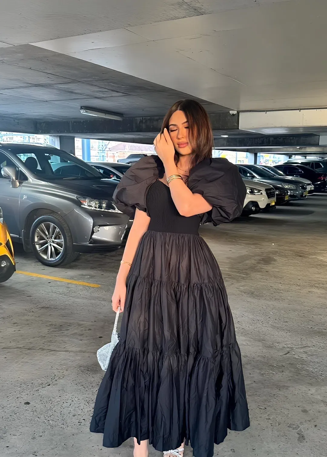 Aje Casa Puff Sleeve Midi Dress Black Size 6 for rent on The Volte - main image