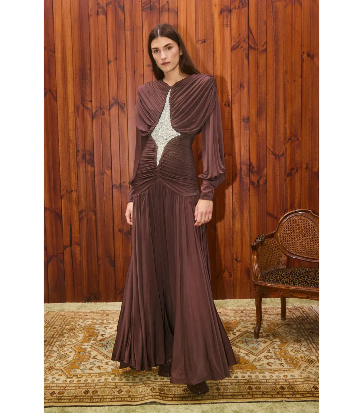 Alemais Silvio Ruched Maxi Dress Brown Size AU 6 for rent on The Volte - main image