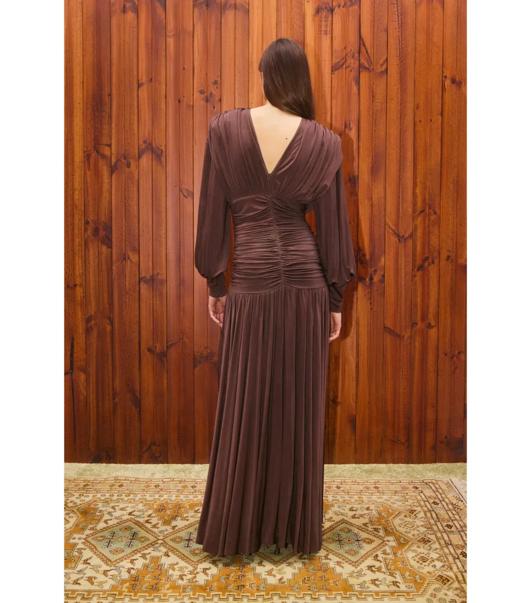 Alemais Silvio Ruched Maxi Dress Brown Size AU 6 for rent on The Volte - main image