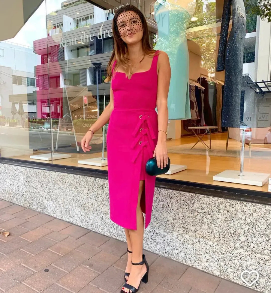 NEW Rebecca Vallance Delilah Fuchsia Pink Midi Bow Dress Size 6 for rent on The Volte - main image