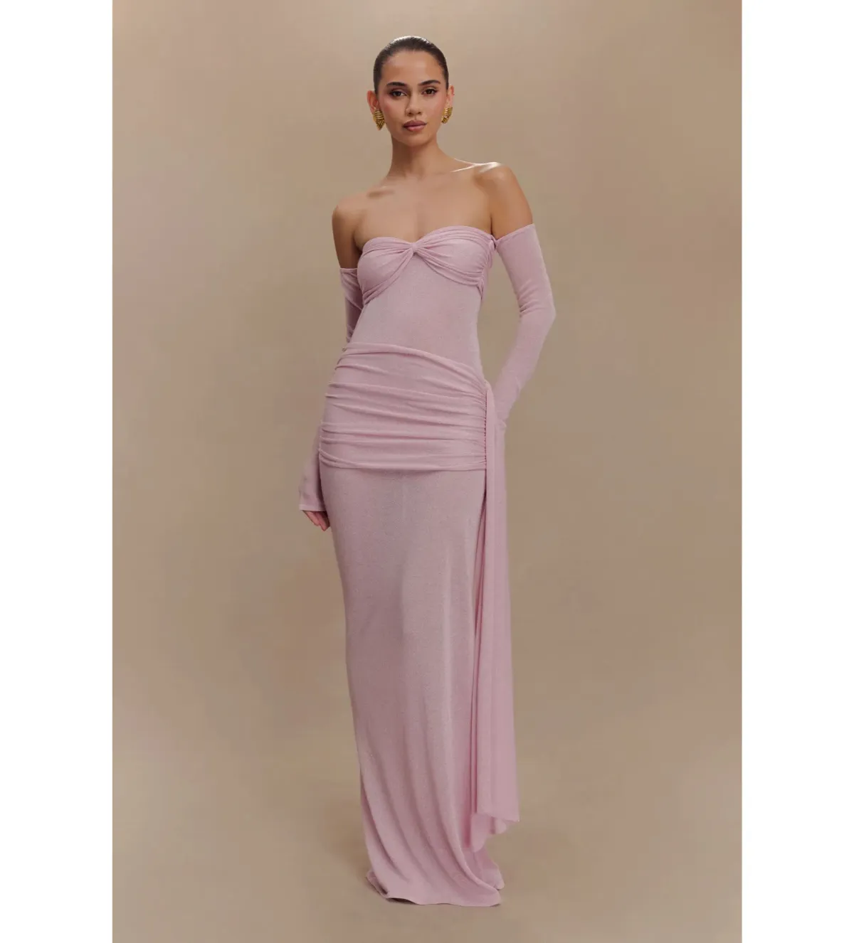 MESHKI Ingrid Metallic Knit Maxi Dress Baby Pink Size M / Size AU 10 for rent on The Volte - main image