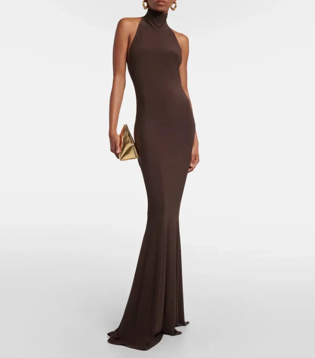 Norma Kamali Halter Turtle Fishtail Gown Brown Size 8 for rent on The Volte - main image