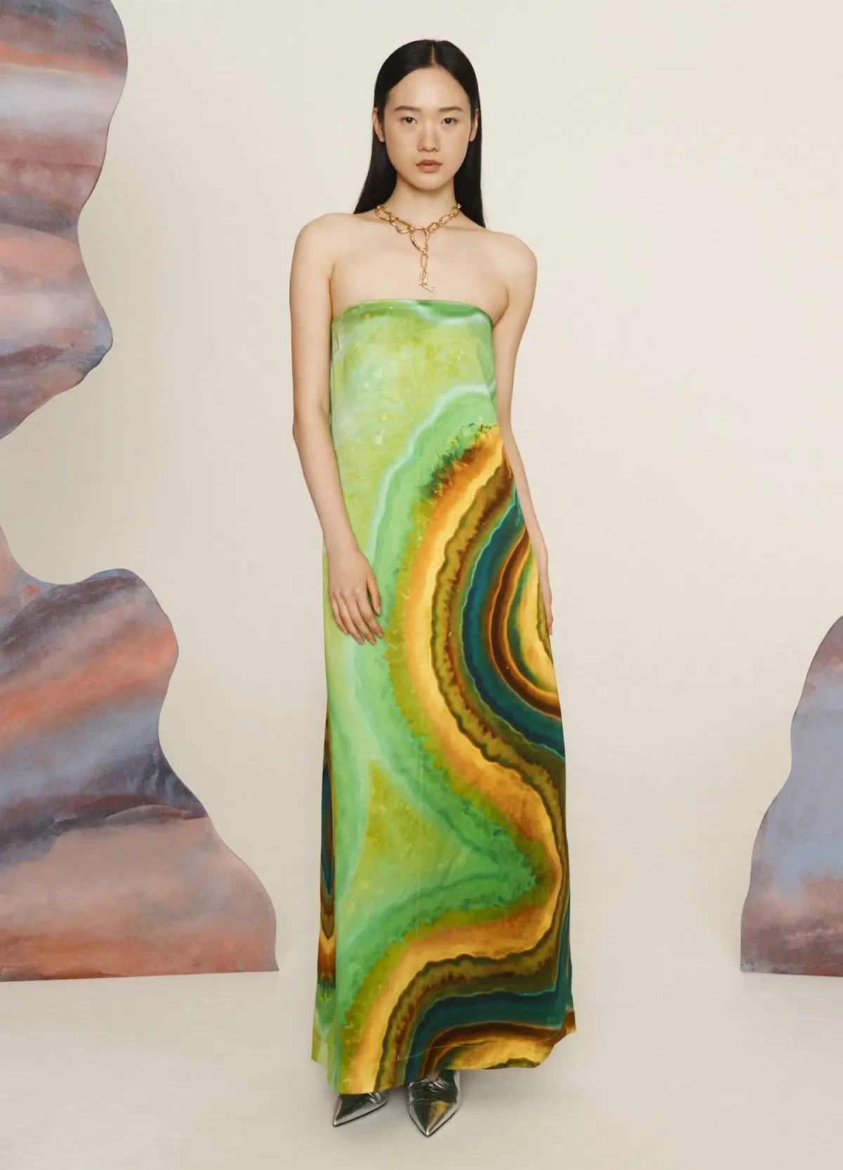 Alémais Iris Maxi Strapless Gown Green Print Size 16 for rent on The Volte - main image