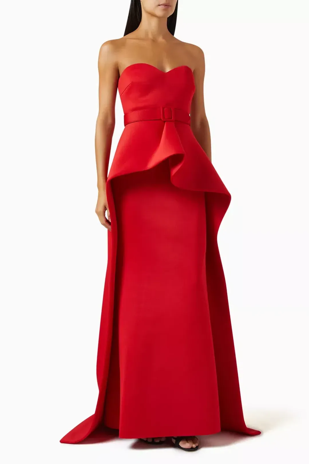 Badgley Mischka Strapless Elongated Peplum Gown in Scuba Red Size  US 8 / AU 12 for rent on The Volte - main image