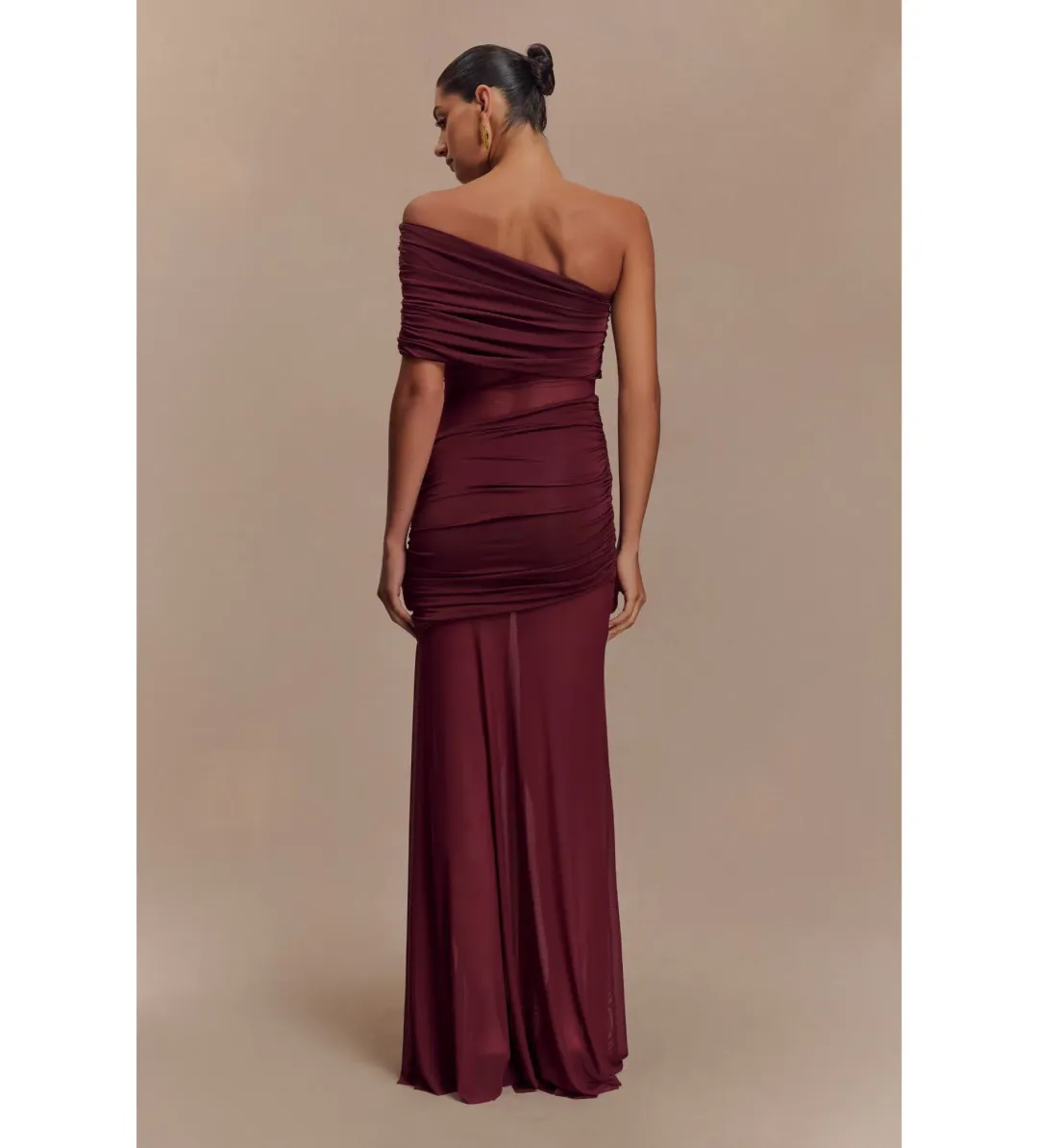 Meshki Dallas One Shoulder Mesh Maxi Dress Burgundy Size 8 for rent on The Volte - main image