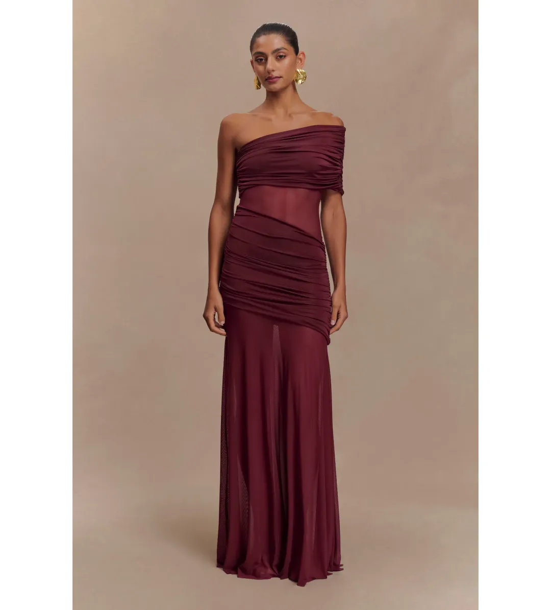 Meshki Dallas One Shoulder Mesh Maxi Dress Burgundy Size 8 for rent on The Volte - main image