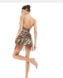 ASOS Design Embellished Wrap Mini Dress Fringe Beaded Hem Chocolate Size AU 6 for rent on The Volte - image 4