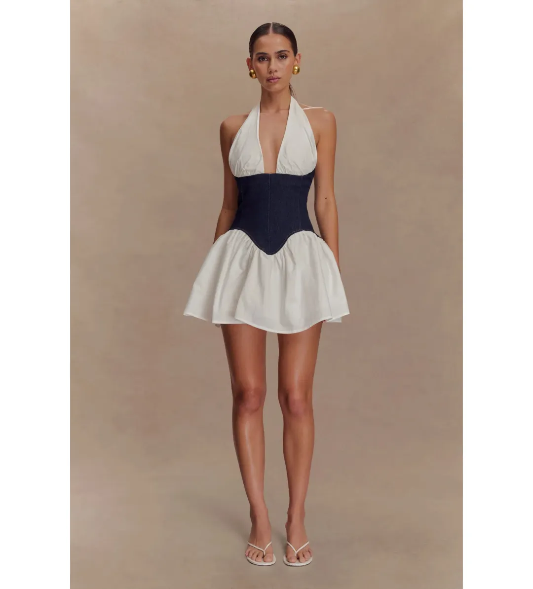 MESHKI Merlyn Denim Cotton Mini Dress Indigo Blue Size S AU 8 for rent on The Volte - main image