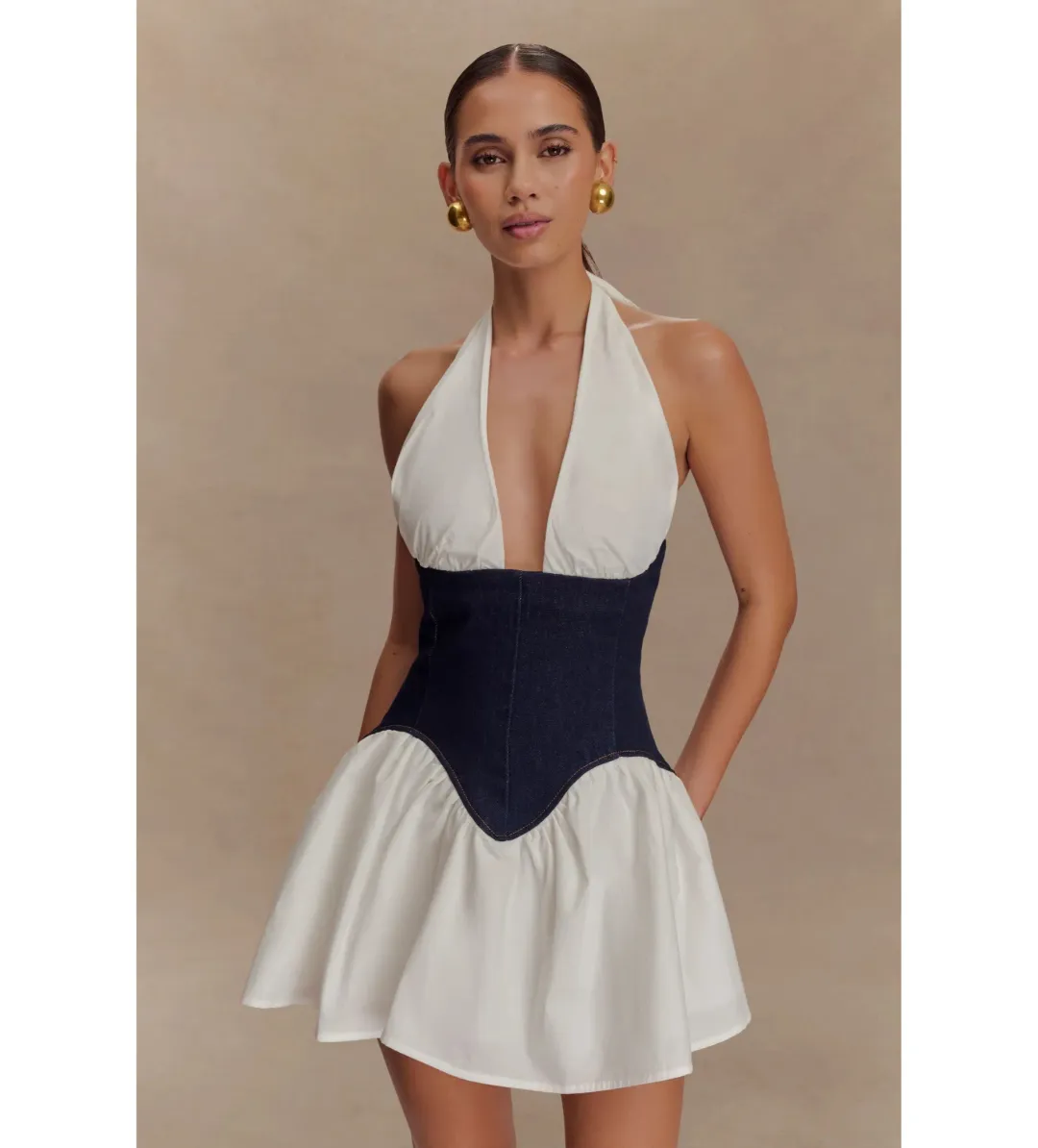 MESHKI Merlyn Denim Cotton Mini Dress Indigo Blue Size S AU 8 for rent on The Volte - main image