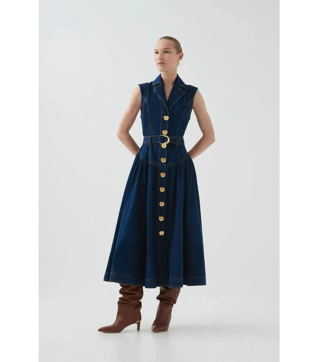Aje Elena Belted Denim Midi Dress Dark Classic Wash Size AU 8 for rent on The Volte - main image