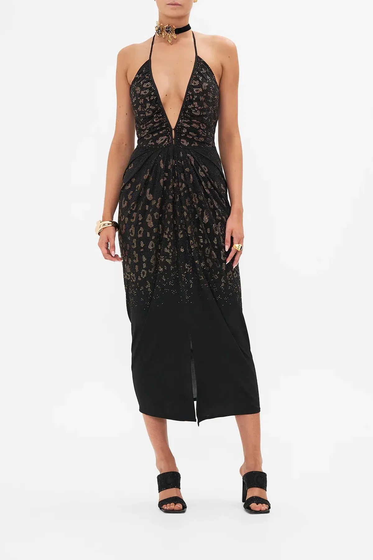 Camilla Mosaic Muse V Neck Gathered Jersey Dress Midi Black (XL/AU16) for rent on The Volte - main image
