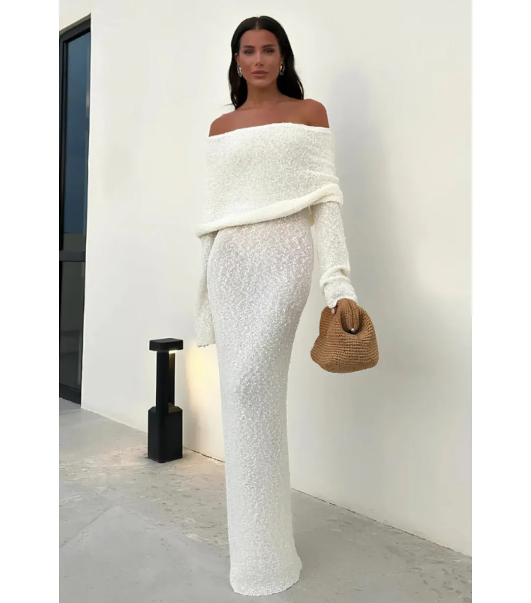 Meshki Marisol Off Shoulder Boucle Maxi Dress in Ivory Size XS / AU 6 for rent on The Volte - main image