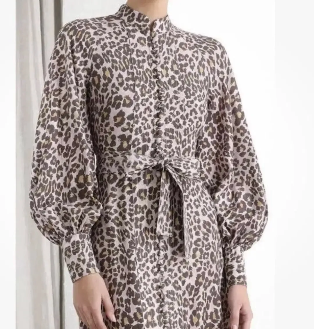 Zimmermann Sabotage Button Up Midi Dress Soft Leopard Size AU 8 for rent on The Volte - main image