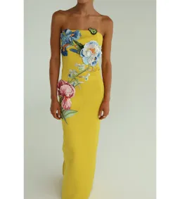 Leo Lin Rayna Applique Floral Bustier Maxi Dress Mustard Size AU 10 for rent on The Volte - image 3
