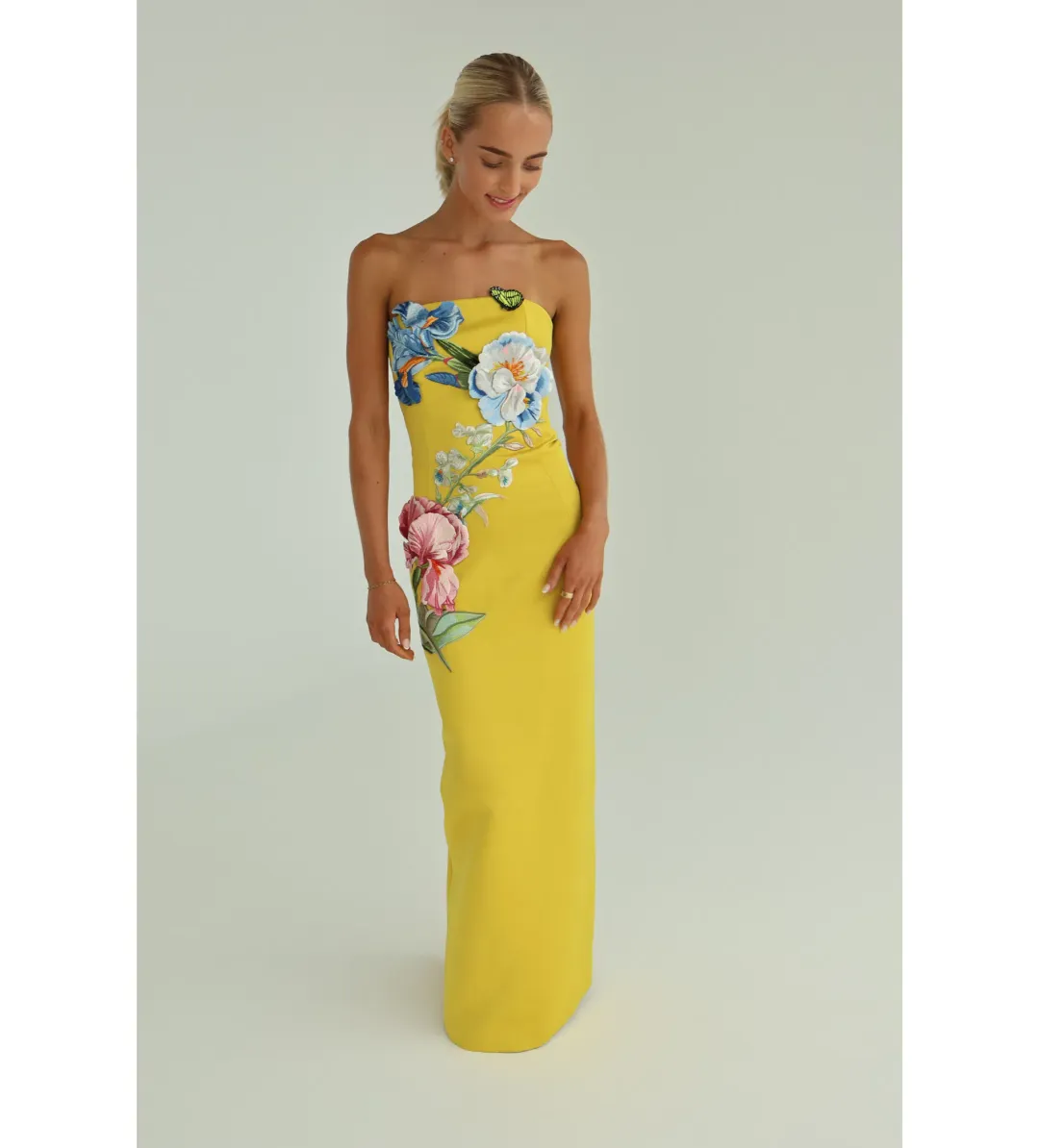 Leo Lin Rayna Applique Floral Bustier Maxi Dress Mustard Size AU 10 for rent on The Volte - main image