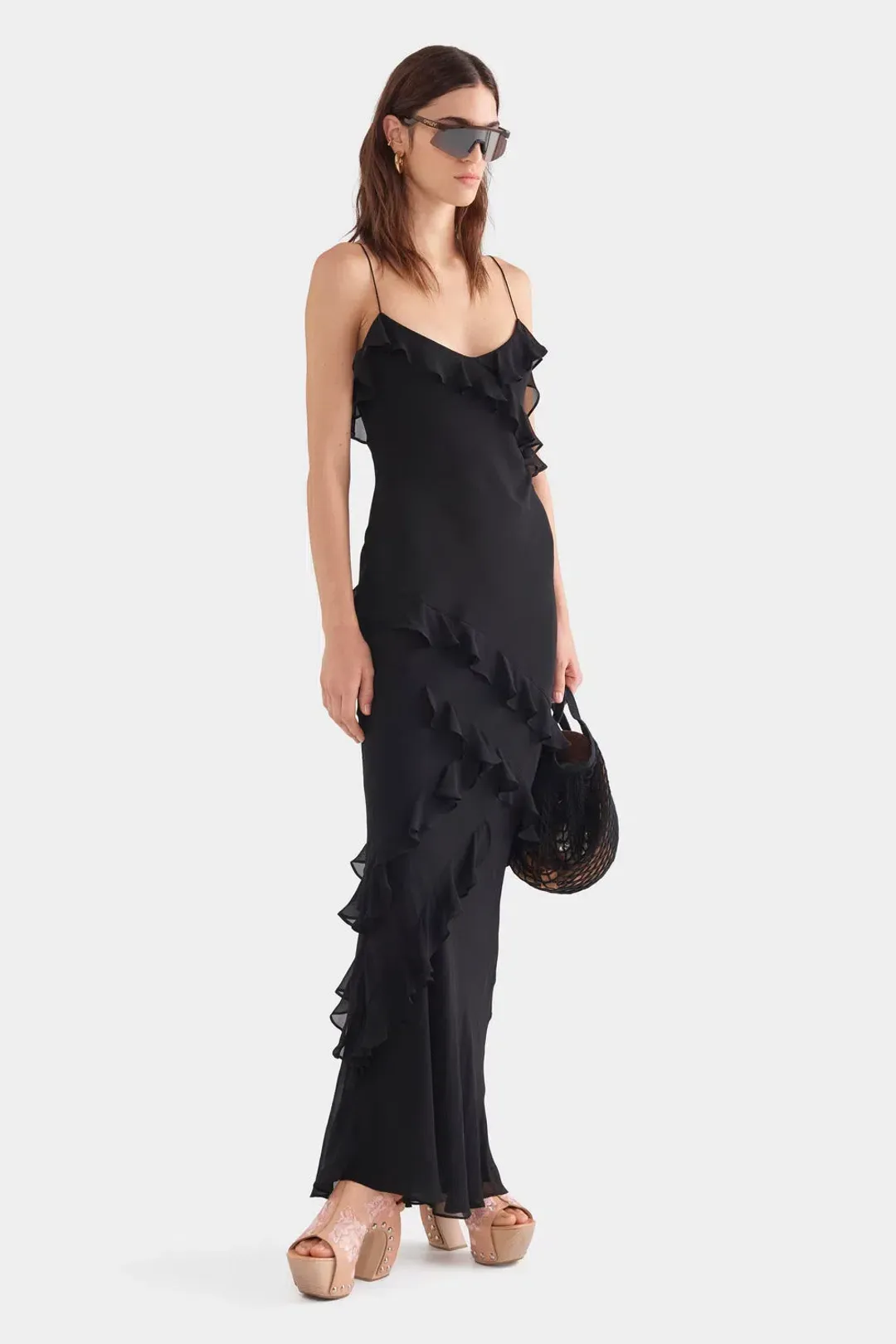 Venroy Silk Ruffle Slip Maxi Dress Black Size S / Size 8 for rent on The Volte - main image