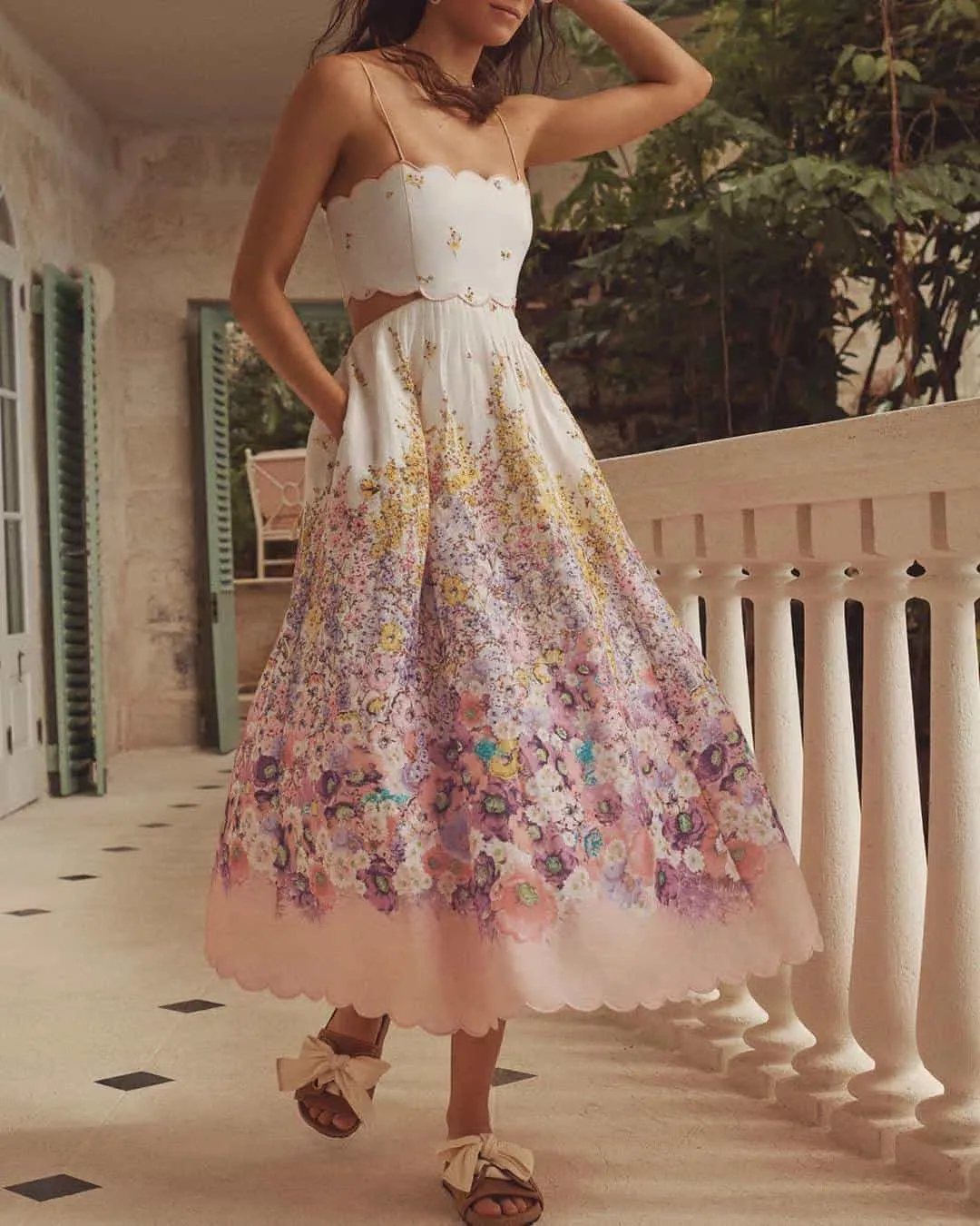 Zimmermann Jude Scallop Midi Dress Peach Gradient Floral Size 2 / AU 12 for rent on The Volte - main image