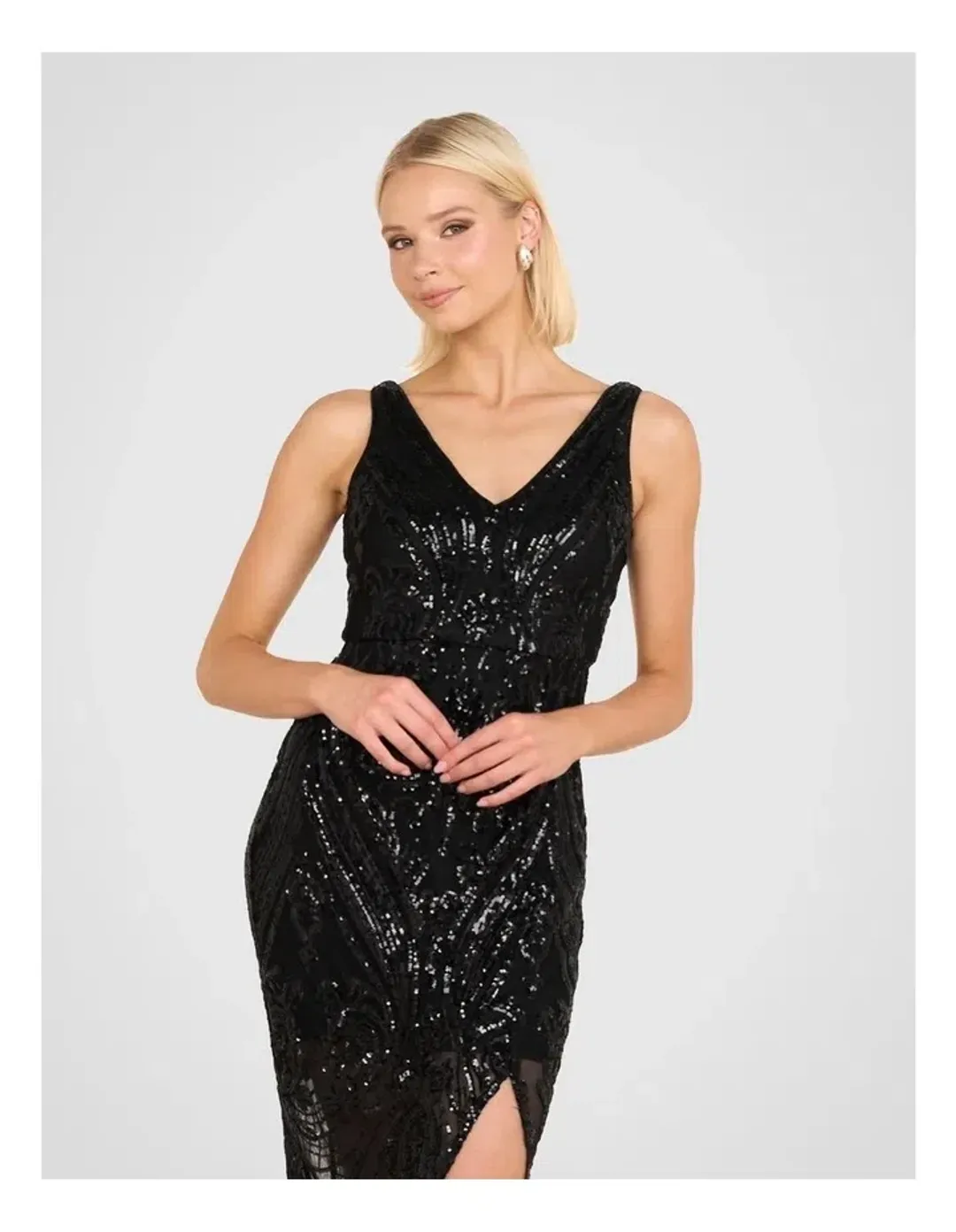 Pilgrim Saige V Neck Sequin Gown in Black Size 14 for rent on The Volte - main image