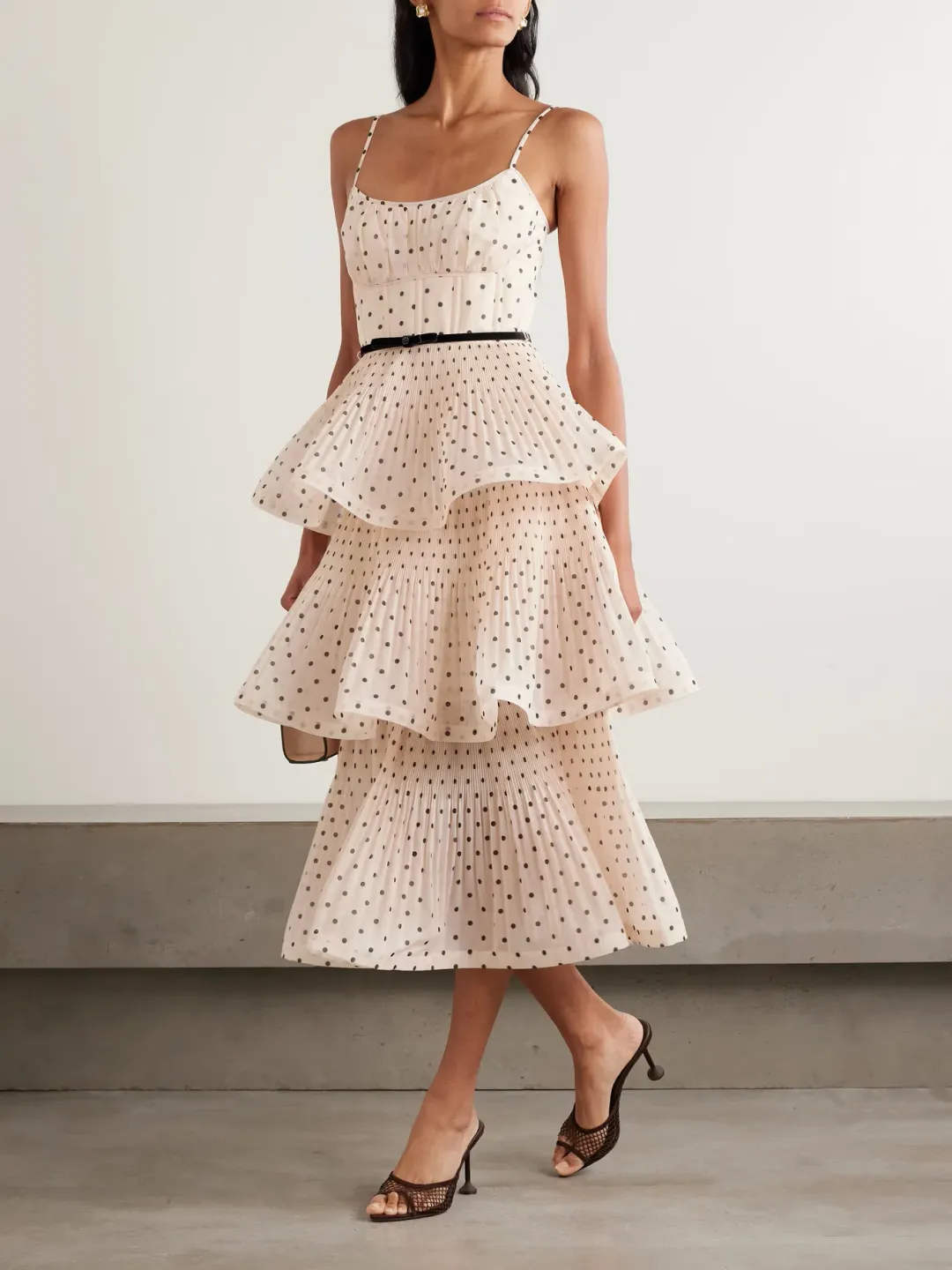 Zimmermann Pleated Tiered Midi Dress in Black/Cream Polka Dot Size 14/L for rent on The Volte - main image