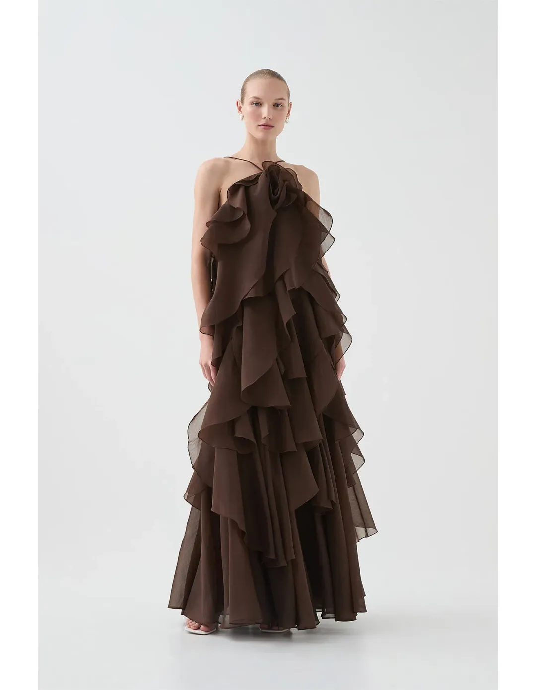 Aje Pandorea Layered Maxi Dress Carob Brown Size 8 for rent on The Volte - main image