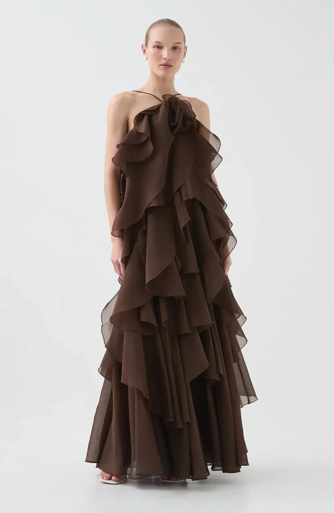 Aje Pandorea Layered Maxi Dress in Carob Brown Size AU 10 for rent on The Volte - main image