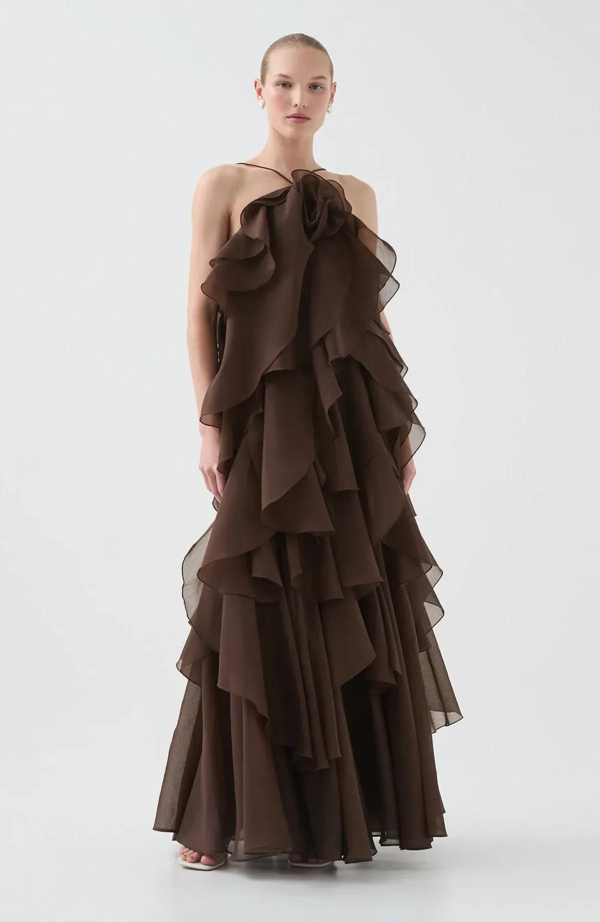 Aje Pandorea Layered Maxi Dress in Carob Brown Size AU 10 for rent on The Volte - main image