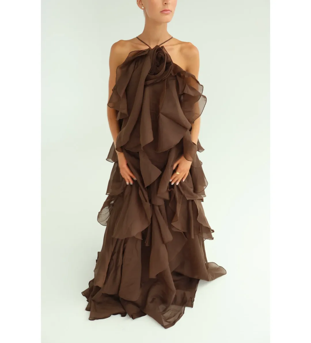 Aje Pandorea Layered Maxi Dress in Carob Brown Size AU 10 for rent on The Volte - main image