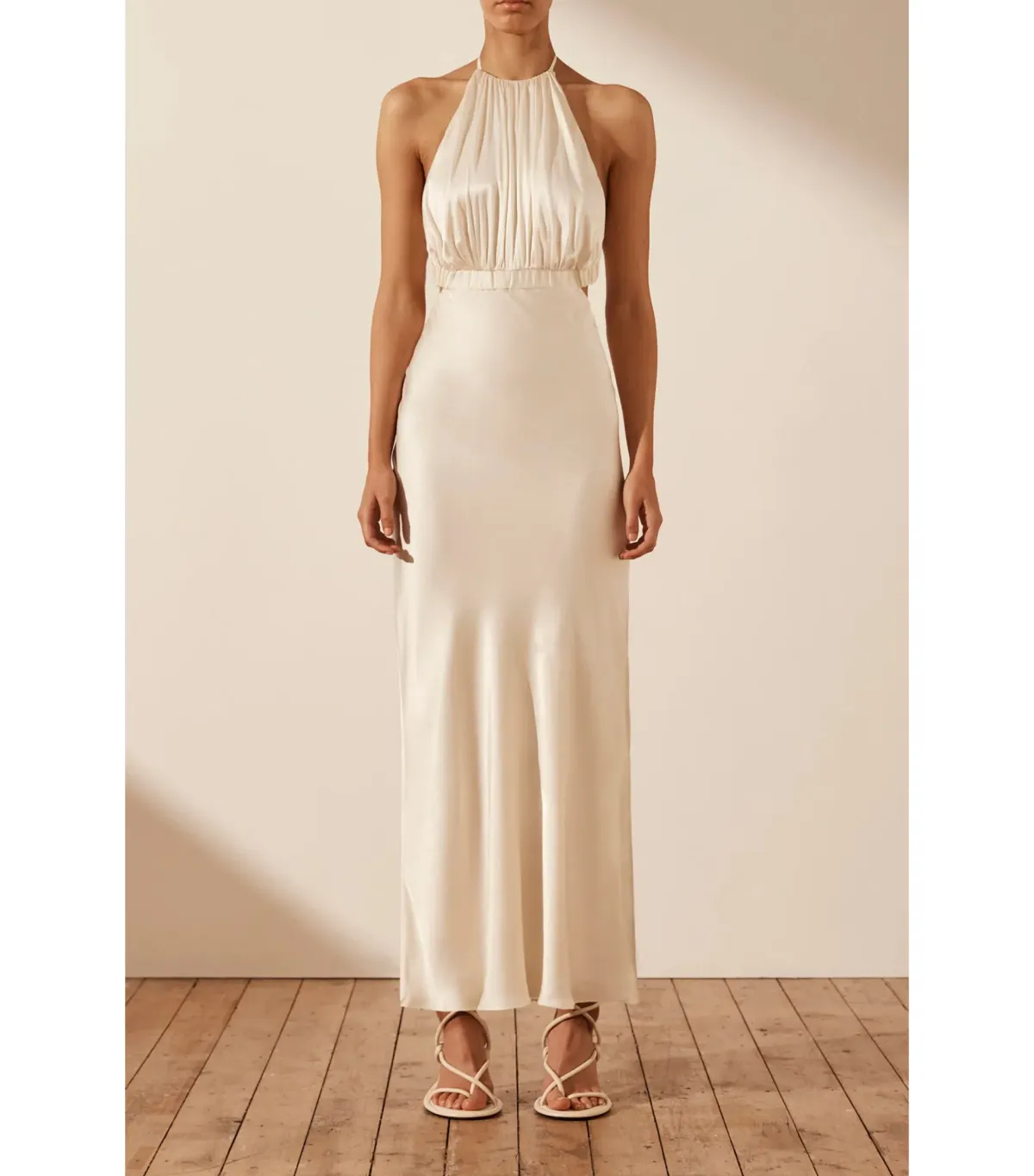 Shona Joy Milo Ruched Open Back Midi Dress in Coconut Size AU 12 for rent on The Volte - main image