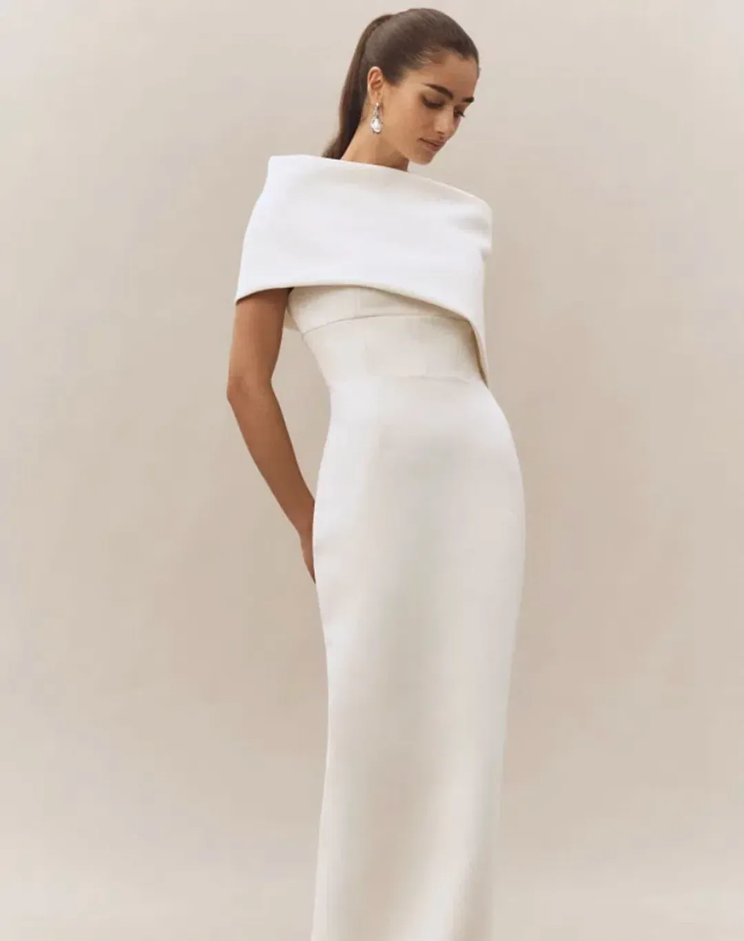 Rachel Gilbert Clara Stretch Crepe Wedding Dress Midi Ivory Size 0 AU 6 for rent on The Volte - main image