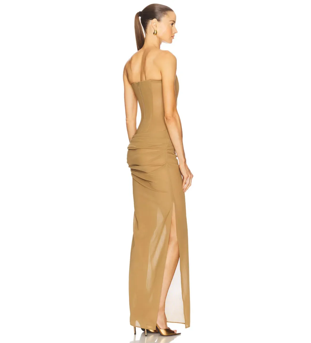 Alex Perry Strapless Longline Column in Stretch Mesh Maxi Dress Khaki Size AU 10 for rent on The Volte - main image