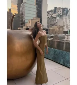 Alex Perry Strapless Longline Column in Stretch Mesh Maxi Dress Khaki Size AU 10 for rent on The Volte - image 4