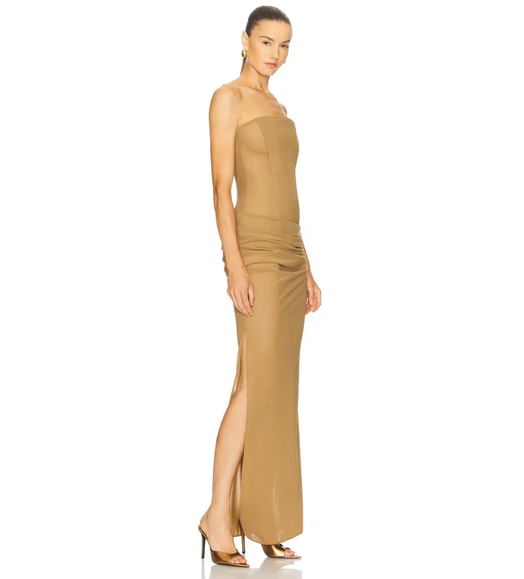 Alex Perry Strapless Longline Column in Stretch Mesh Maxi Dress Khaki Size AU 10 for rent on The Volte - main image
