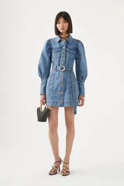Aje Dione Long Sleeved Denim Mini Dress Blue Size 6 for rent on The Volte - image 1